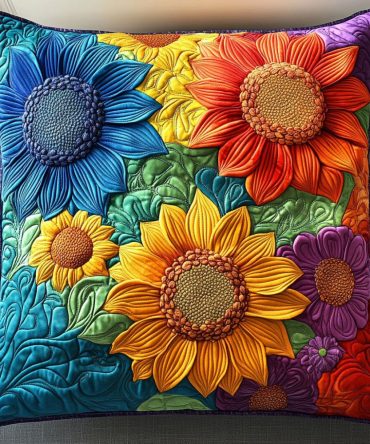 Vibrant Meadow Quilted Pillowcase, Floral Embroidered Decorative Throw Pillow Cover For Bed & Sofa, Cotton-Blend Cozy Accent