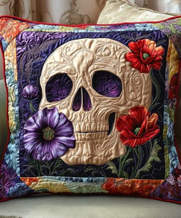 Vibrant Skull Quilted Pillow Cover — Colorful Skull Throw Pillowcase For Bold Bohemian, Gothic & Festival-Inspired Home Styling