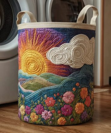 Vibrant Sunrise Quilted Laundry Hamper - Bright Foldable Laundry Organizer With Reinforced Handles, Machine-Washable Fabric, Colorful Home Accent