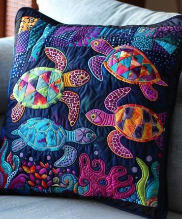 Vibrant Turtle Quilted Pillow Cover — Colorful Sea Turtle Decorative Pillowcase To Brighten Beach Homes, Living Rooms & Kids' Spaces