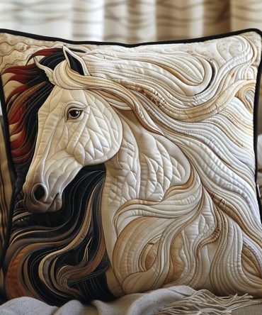 Vibrant White Horse Quilted Throw Pillow Cover — Eye-Catching Equestrian Decor, Quilted Accent For Living Room & Bedroom