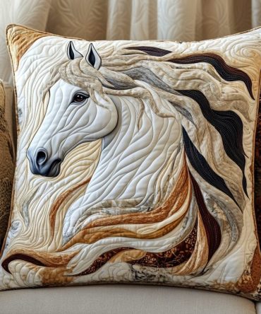 Premium White Horse Quilted Pillowcase - Decorative Cotton Pillow Cover With Vibrant Equestrian Print, Zippered Closure