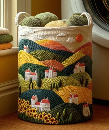 Village Glow Quilted Laundry Hamper - Warm Rustic Print Fabric Basket, Foldable Home Laundry Organizer For Cozy Living Spaces