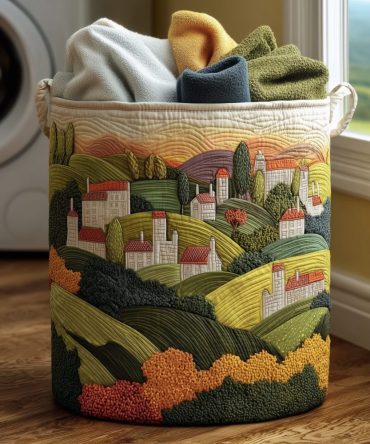 Village View Quilted Laundry Hamper — Charming Decorative Fabric Basket With Handles For Clothes, Toys & Home Organization