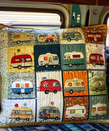 Vintage Caravans Quilted Throw Pillow Cover - Classic Retro Camper Artwork, Soft Quilting For Nostalgic Boho & Cottage Style Interiors