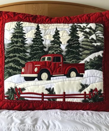 Vintage Holiday Ride Quilted Pillowcase Cover — Nostalgic Winter Scene Decorative Pillow Sham, Quilted Seasonal Bedding Accent