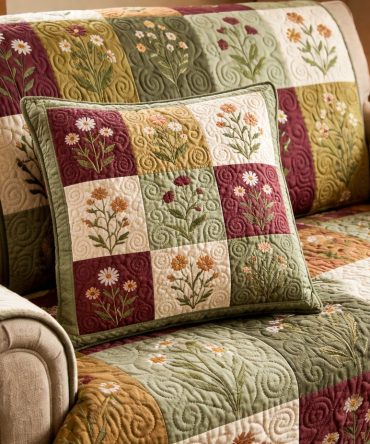 Vintage Patch Meadow Quilted Pillow Cover — Retro Floral Patchwork Throw Pillowcase With Hand-Stitched Look For Cottage & Boho Interiors