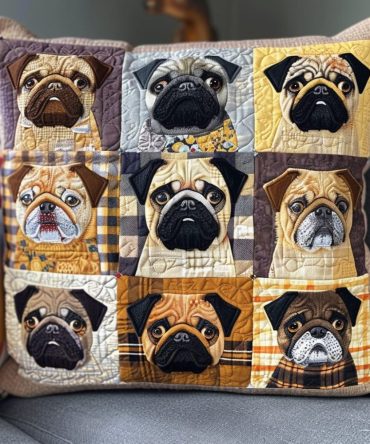 Vintage Pug Portraits Quilted Pillow Cover — Retro-Inspired Throw Pillow Case With Classic Pug Artwork For Cozy, Timeless Decor