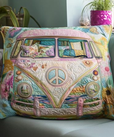 Retro Camper Quilted Pillow Cover — Vintage Van Travel Motif, Colorful Decorative Throw For Roadtrip Lovers, Boho & Camper Decor