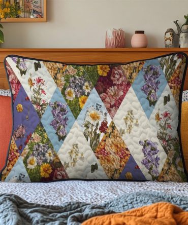 Vintage Floral Quilted Pillowcase — Soft Cotton-Blend Decorative Sham For Bedroom, Boho Cottage Bedding Accent, Machine Washable