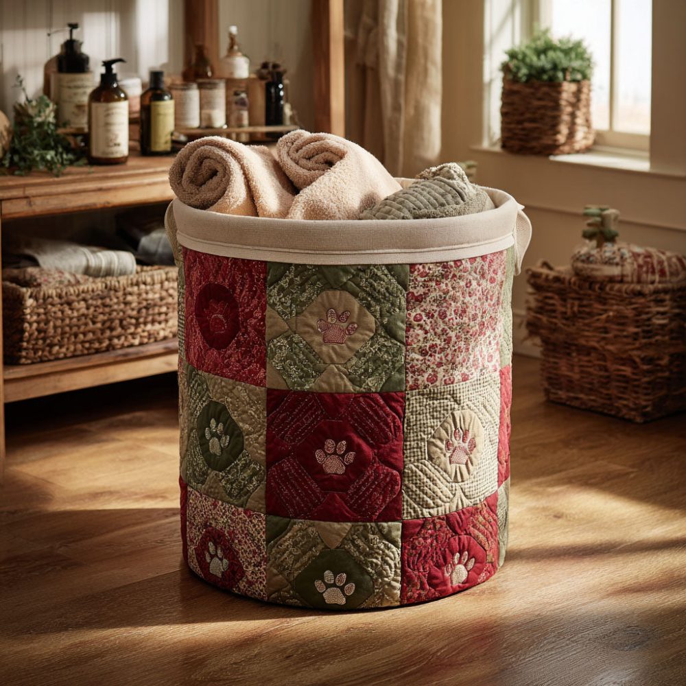 Vintage Blossom Paws Quilted Laundry Hamper — Floral Paw Print Fabric Basket, Charming Collapsible Organizer For Home & Pet Spaces
