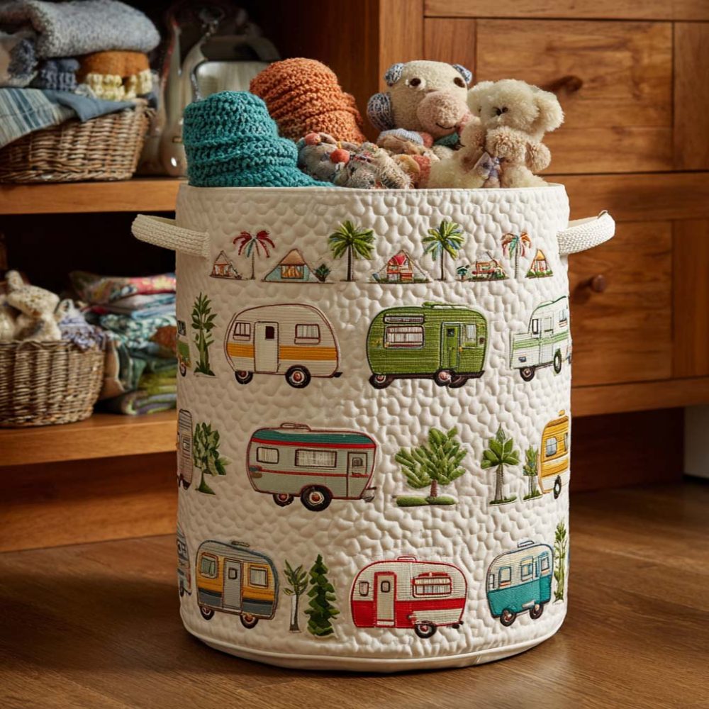 Vintage Camper Retro Quilted Laundry Hamper - Retro Camper-Themed Foldable Fabric Basket With Handles, Charming Laundry Organizer For Travel Lovers
