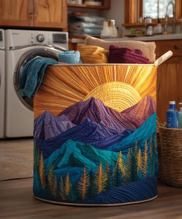Serene Violet Dawn Quilted Laundry Hamper — Elegant Purple Floral Fabric Basket, Large Collapsible Laundry Organizer For Bedroom