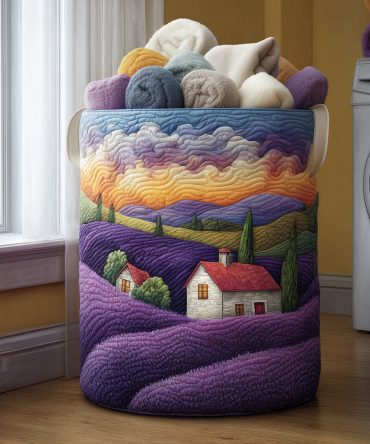 Violet Fields Quilted Laundry Hamper — Lavender Quilted Fabric Laundry Basket With Handles, Collapsible, Washable & Decorative