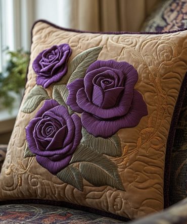 Violet Garden Quilted Pillow Cover - Lush Purple Floral Throw Case For Cottage, Boho & Modern Bedroom Styling