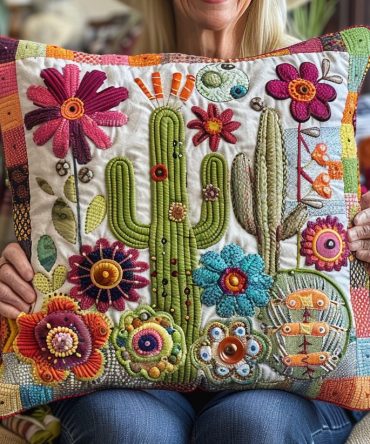 Vivid Succulent Quilted Decorative Pillow Cover — Bold Botanical Throw Pillowcase For Modern, Eclectic & Plant-Lover Interiors