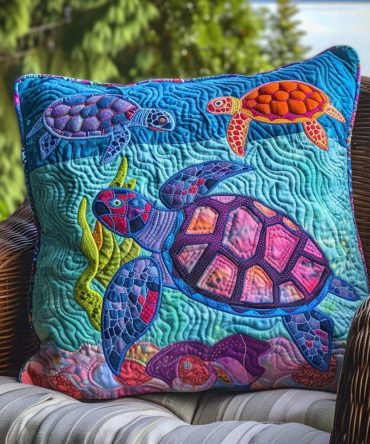 Vivid Turtle Quilted Pillow Cover — High-Impact Colorful Sea Turtle Decorative Pillowcase For Statement Coastal & Bohemian Interiors