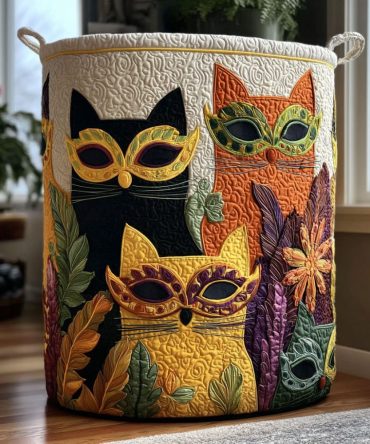 Voodoo Whiskers Quilted Laundry Hamper — Spooky Cat-Print Collapsible Laundry Basket, Washable Decorative Storage For Halloween & Everyday Use
