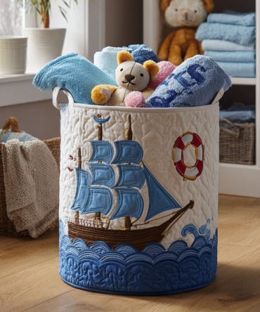 Voyage & Vessel Quilted Laundry Hamper — Nautical Map Print Fabric Basket, Foldable Travel-Inspired Clothes Organizer For Bathroom & Dorm