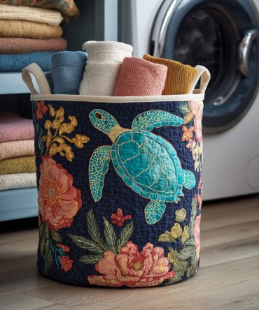 Wanderlust Turtle Garden Quilted Laundry Hamper – Large Floral Turtle Fabric Basket With Reinforced Handles, Foldable Organizer For Home & Travel