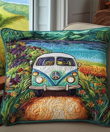 Wanderlust Van Quilted Travel-Themed Pillow Cover — Bohemian Cotton-Blend Decorative Throw For Adventure-Inspired Bedrooms