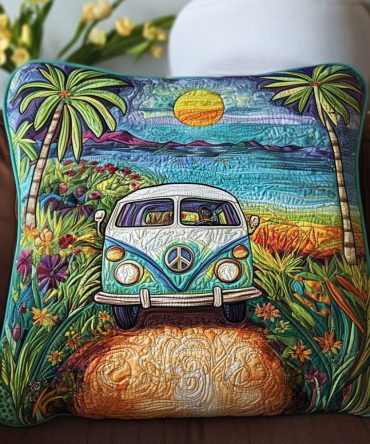 Wanderlust Van Quilted Pillow Cover — Adventure Camper Throw Pillowcase For Travel Lovers, Boho Camper Van Decor
