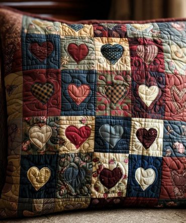 Warm Hearts Quilted Pillow Cover - Heartfelt Holiday Throw Pillowcase For Cozy Christmas Bedding, Sofa & Seasonal Home Decor