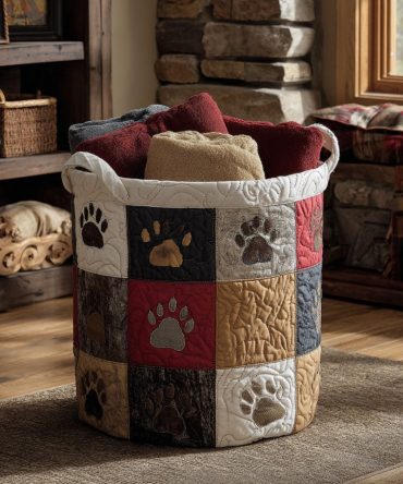 Warm Cabin Whiskers Quilted Laundry Hamper — Cozy Cabin Cat & Whisker Design, Foldable Padded Fabric Basket With Washable Liner