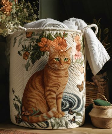 Warm Yellow Whiskers Quilted Laundry Hamper — Cheerful Cat-Inspired Fabric Basket, Foldable & Machine-Washable Cover