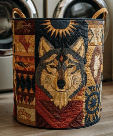 Tribal Wolf Storage Bin — Quilted Warrior Wolf Laundry Basket, Durable Collapsible Hamper For Rustic Or Boho Home Organization