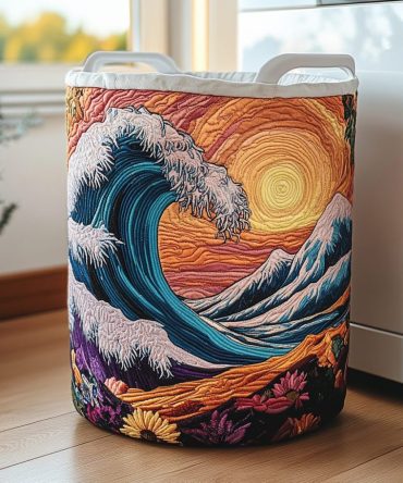 Water Surge Quilted Laundry Hamper - Ocean-Inspired Foldable Organizer With Sturdy Handles, Quilted Cotton Blend And Removable Liner