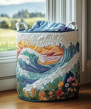 Wave Horizon Quilted Laundry Hamper - Nautical Foldable Organizer With Reinforced Handles, Durable Quilted Fabric And Easy-Clean Liner