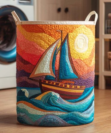 Wave Shore Quilted Laundry Hamper - Coastal Foldable Laundry Basket With Reinforced Handles & Breathable Interior For Easy Storage And Transport