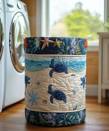 Wave Wanderer Quilted Laundry Basket Hamper – Ocean Wave Print Foldable Laundry Bin, Quilted Lightweight Organizer For Coastal & Casual Décor