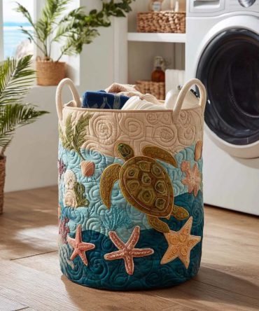 Premium Quilted Laundry Basket - Large Collapsible Storage Hamper With Handles, Ocean Waves & Turtles Beachy Design For Stylish Organization