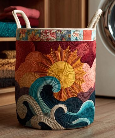 Large Collapsible Quilted Laundry Hamper – Wavy Sun Print, Heavy-Duty Handles & Breathable Fabric For Stylish Bedroom & Bath