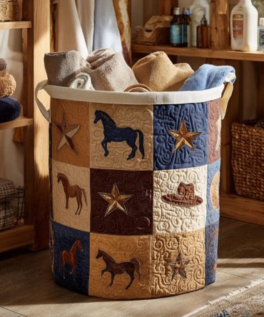 Western Heritage Quilted Laundry Hamper — Rustic Quilted Fabric Basket With Sturdy Handles, Collapsible Home Laundry Storage Solution