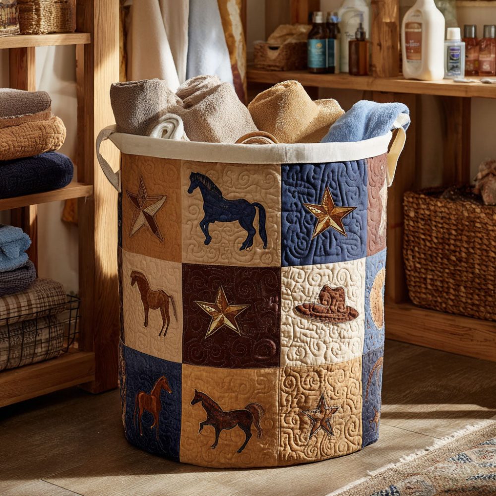 Western Heritage Quilted Laundry Hamper — Rustic Quilted Fabric Basket With Sturdy Handles, Collapsible Home Laundry Storage Solution