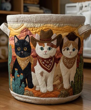 Western Kitty Quilted Storage Hamper – Rustic Cat-Print Laundry Bin, Foldable Fabric Hamper With Reinforced Base & Carry Handles