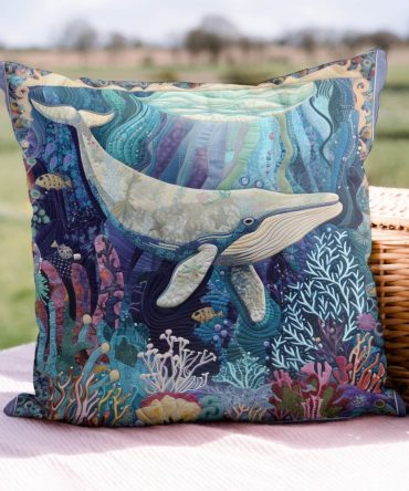 Whale Dreams Quilted Pillow Cover — Nautical Whale Decorative Throw Pillowcase For Coastal, Beach Cottage & Kids’ Bedroom Accents