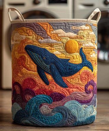 Premium Quilted Laundry Hamper – Whale Bay Nautical Whale Print, Soft Cotton-Blend, Collapsible & Washable With Sturdy Handles