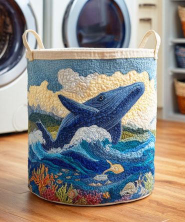 Whale Horizon Quilted Laundry Basket – Large Foldable Decorative Hamper With Reinforced Carry Handles & Easy-Care Liner For Stylish Storage