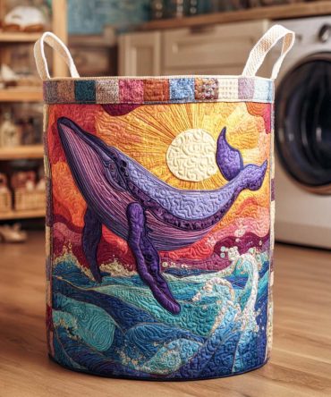 Whale Song Quilted Laundry Hamper - Ocean-Themed Foldable Laundry Basket With Quilted Exterior & Carry Handles