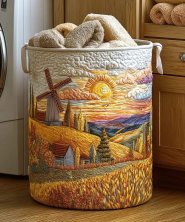Farmhouse Wheat Fields Quilted Laundry Hamper — Large Decorative Canvas Basket With Handles For Clothes & Home Storage