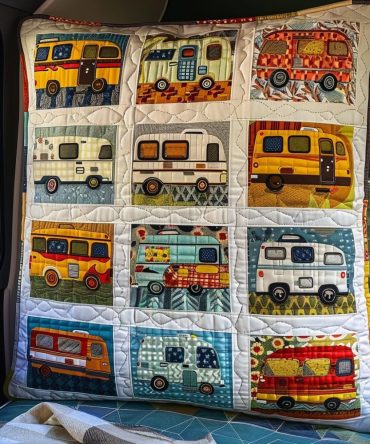 Whimsical Campervan Quilted Pillow Cover — Playful Retro Camper Pattern Decorative Throw Pillowcase For Travel Lovers & Cozy Spaces