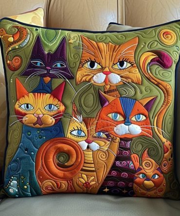 Whimsical Cat Family Quilted Pillow Cover — Playful Multi-Cat Throw Pillowcase, Quilted Texture For Cozy, Colorful Home Styling