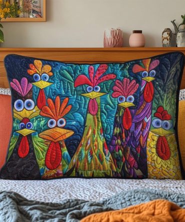 Playful Whimsical Chicken Quilted Pillow Cover — Farmhouse Chic Decorative Pillowcase For Kitchen Nook & Bedroom, Quirky Animal Accent