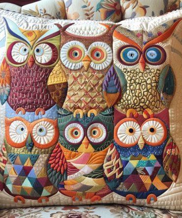 Charming Quilted Owl Throw Pillow Cover — Soft Quilted Fabric Decorative Pillow Case For Nursery & Living Room, Machine-Washable, Gift-Ready