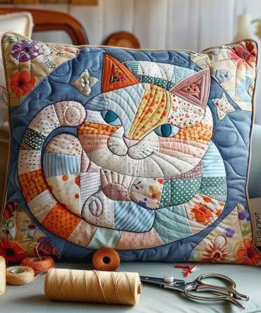 Cute Whiskered Cat Quilted Pillow Cover — Decorative Throw Pillow Case With Whimsical Whiskers, Soft Quilted Fabric, Machine-Washable Gift Option