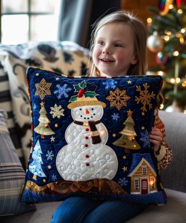 Whimsical Winter Quilted Decorative Pillow Cover — 18X18In Snowy Holiday Throw Pillowcase, Soft Quilted Cotton, Reversible & Machine Washable, Festive Accent
